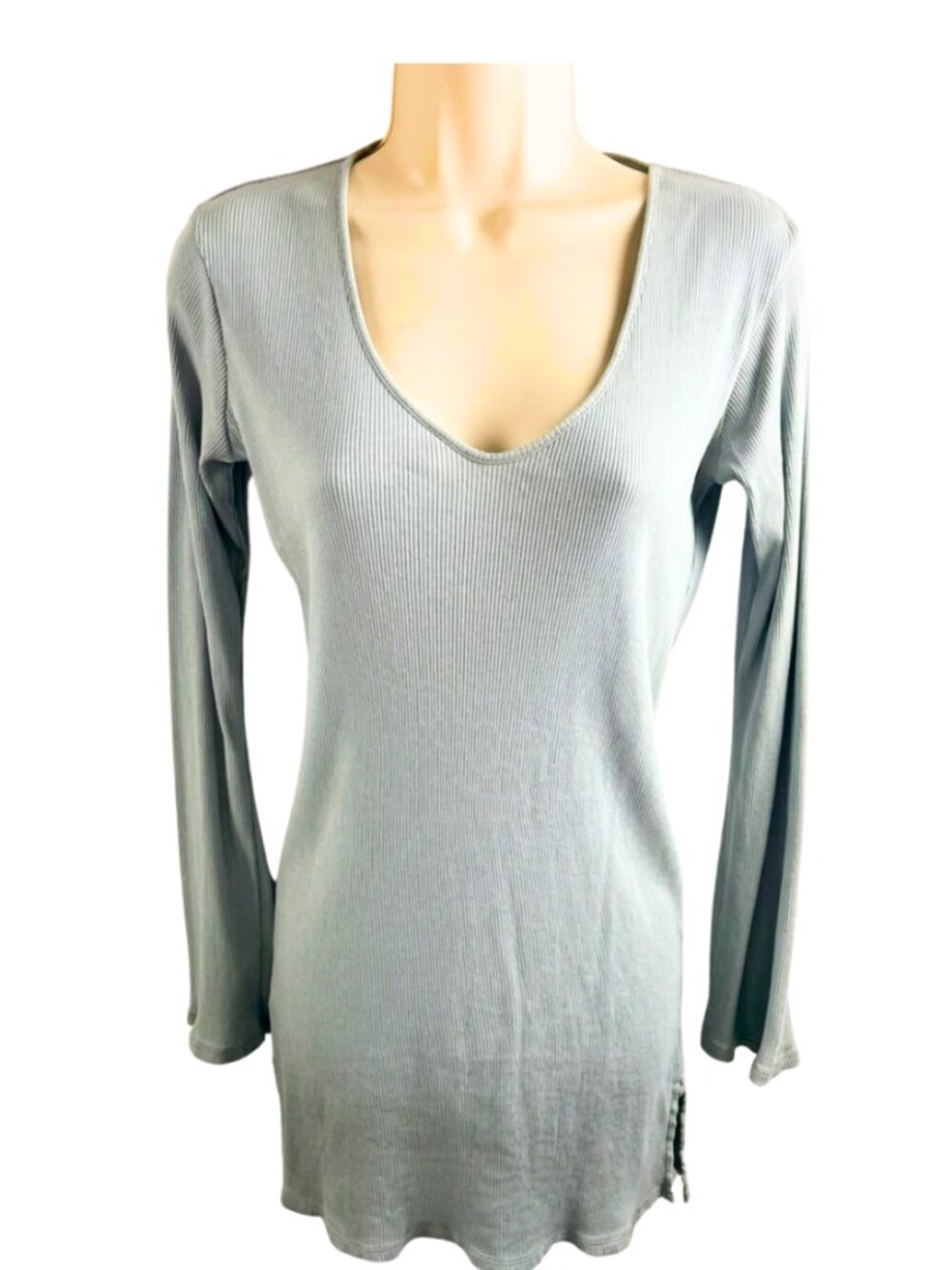 Skin Ribbed Long Sleeve V-Neck Top Sage Green Size 2 Pima Cotton Peru
